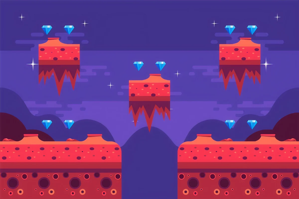 The game the build made, in the preview: floating red rock platforms with blue gems over a violet night sky