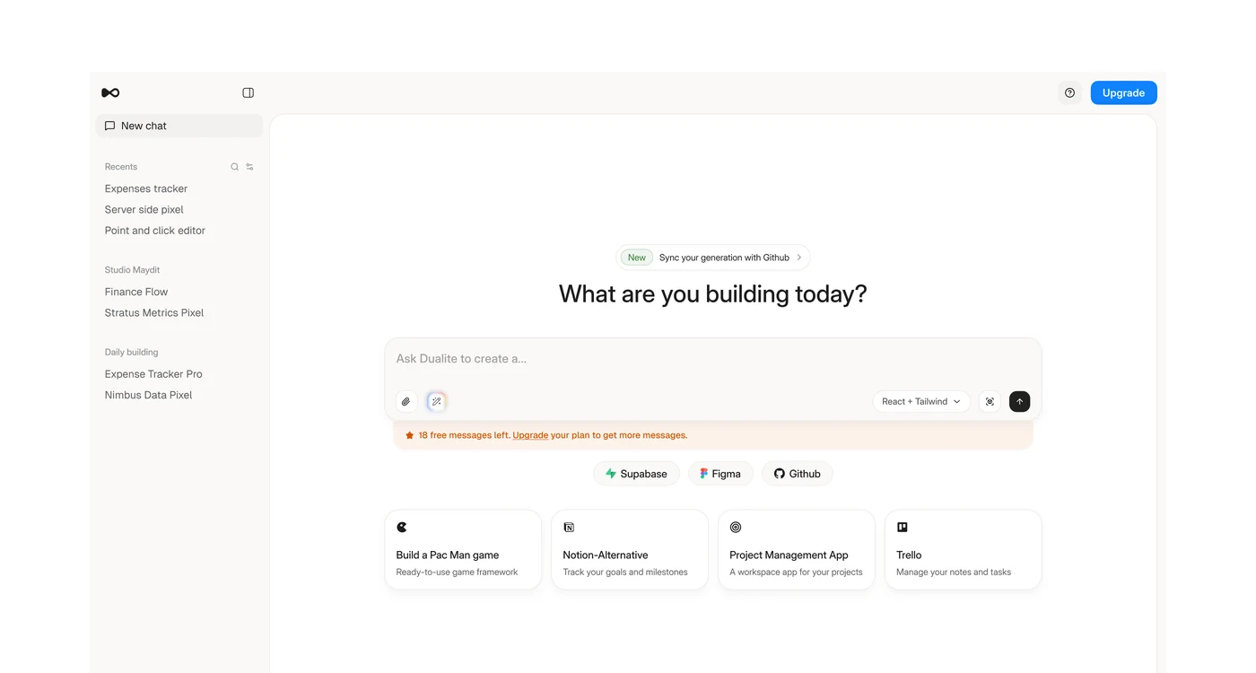 Dualite's new home, What are you building today?, with the prompt box and the magic button, Supabase, Figma and Github, four starters and recents in the sidebar, turning from the light theme to the dark one as the page turns
