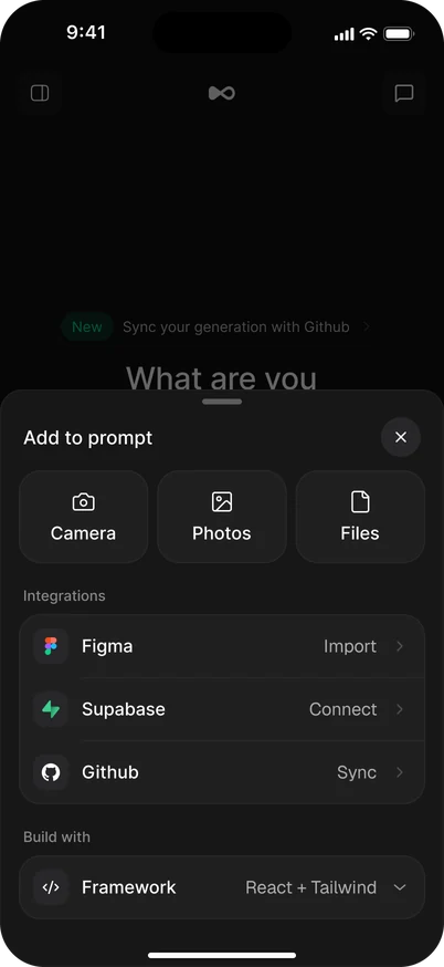 The Add to prompt sheet on a phone: camera, photos, files, Figma, Supabase, Github and the framework