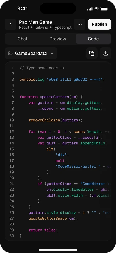 The code view on a phone, GameBoard.tsx open