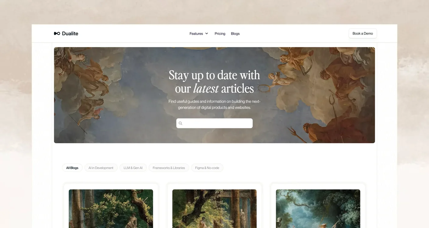 Dualite's blog: Stay up to date with our latest articles over a ceiling fresco, a search bar, category filters and article cards