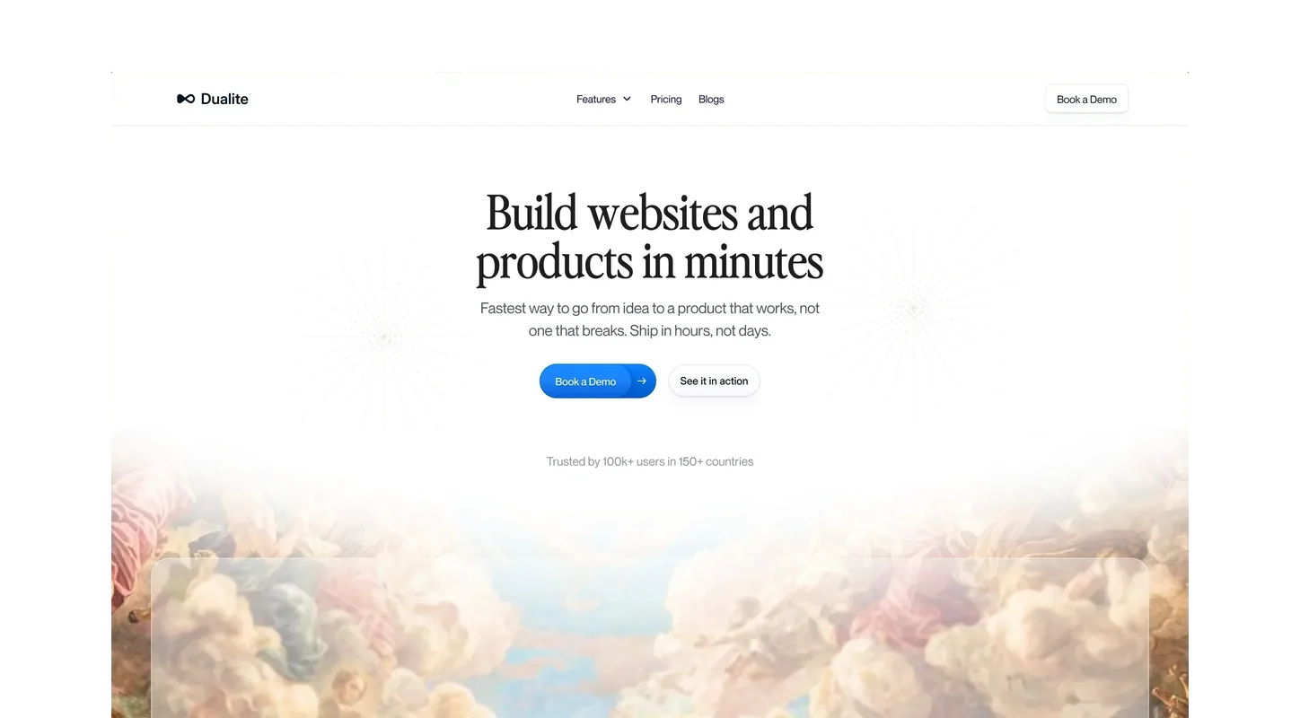 Dualite's homepage hero, Build websites and products in minutes, between two hands reaching for each other, over a painting of a cloudy sky