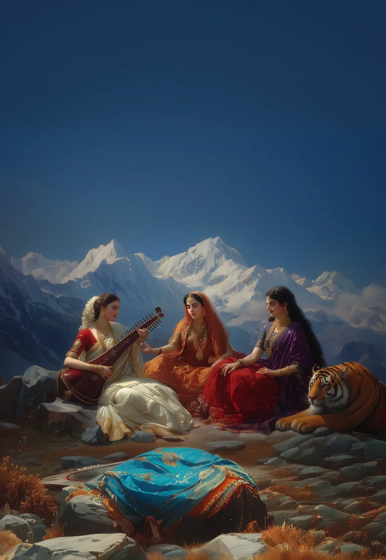 Three women with a veena beneath snowy peaks, a tiger resting beside them