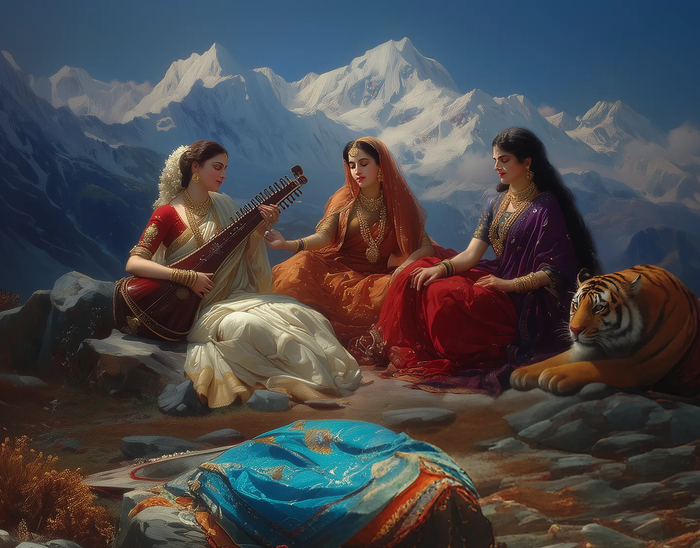 Three women with a veena beneath snowy peaks, a tiger resting beside them