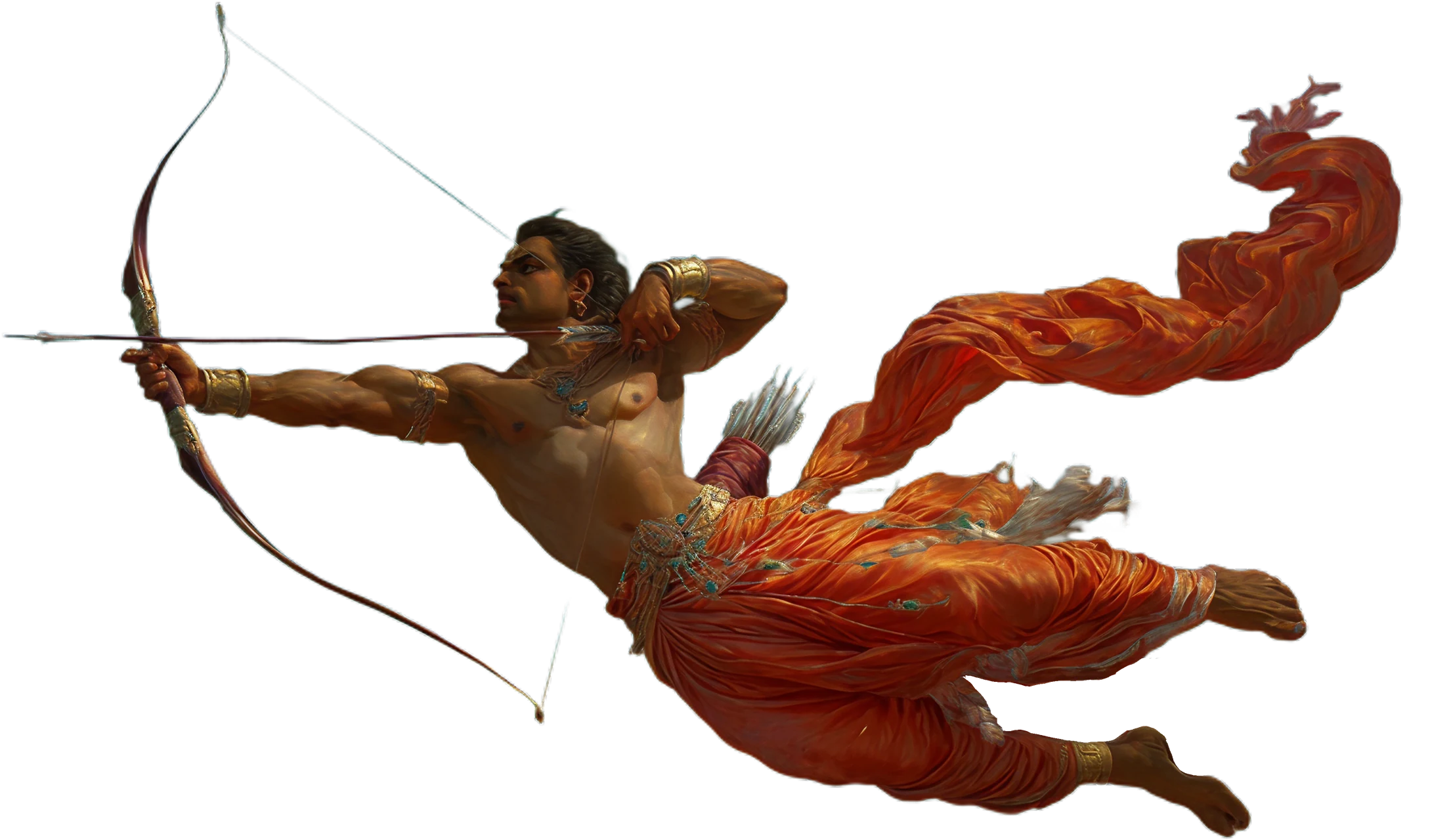 The archer in orange silks drawing his bow through storm clouds