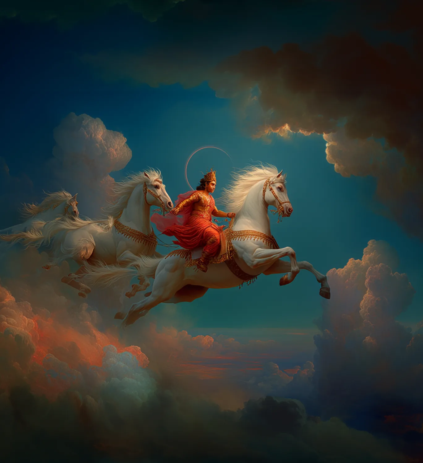A chariot of white horses flying through a dark storm sky