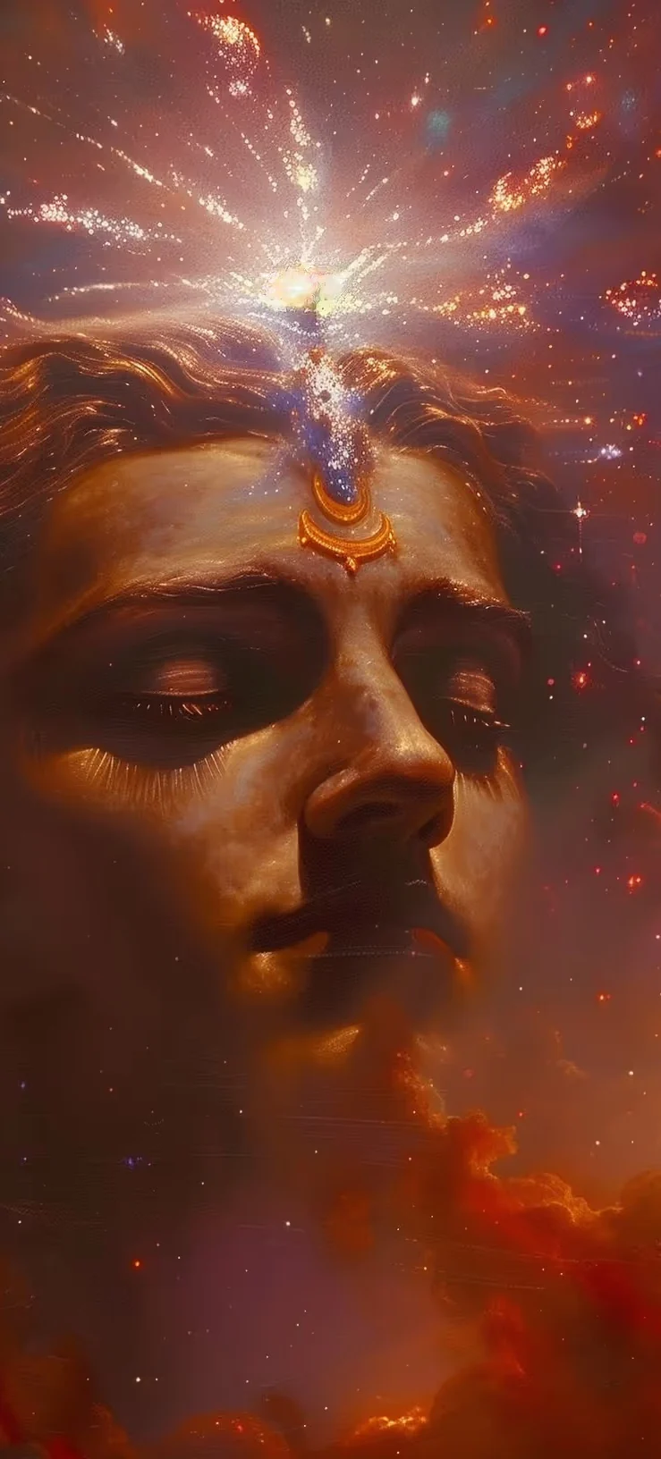 A cosmic face with a third eye of light
