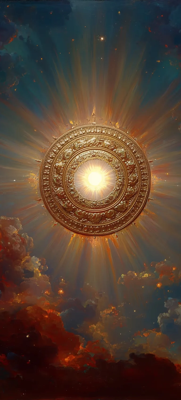 A golden sun disc blazing in a storm of cloud