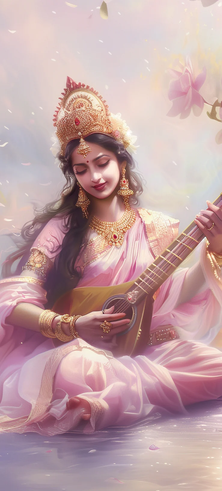 Saraswati playing the veena among magnolia blossom