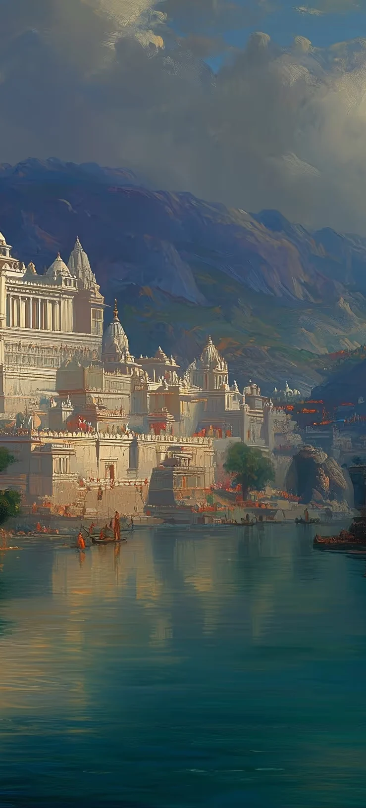 Temples and ghats along a river under the mountains