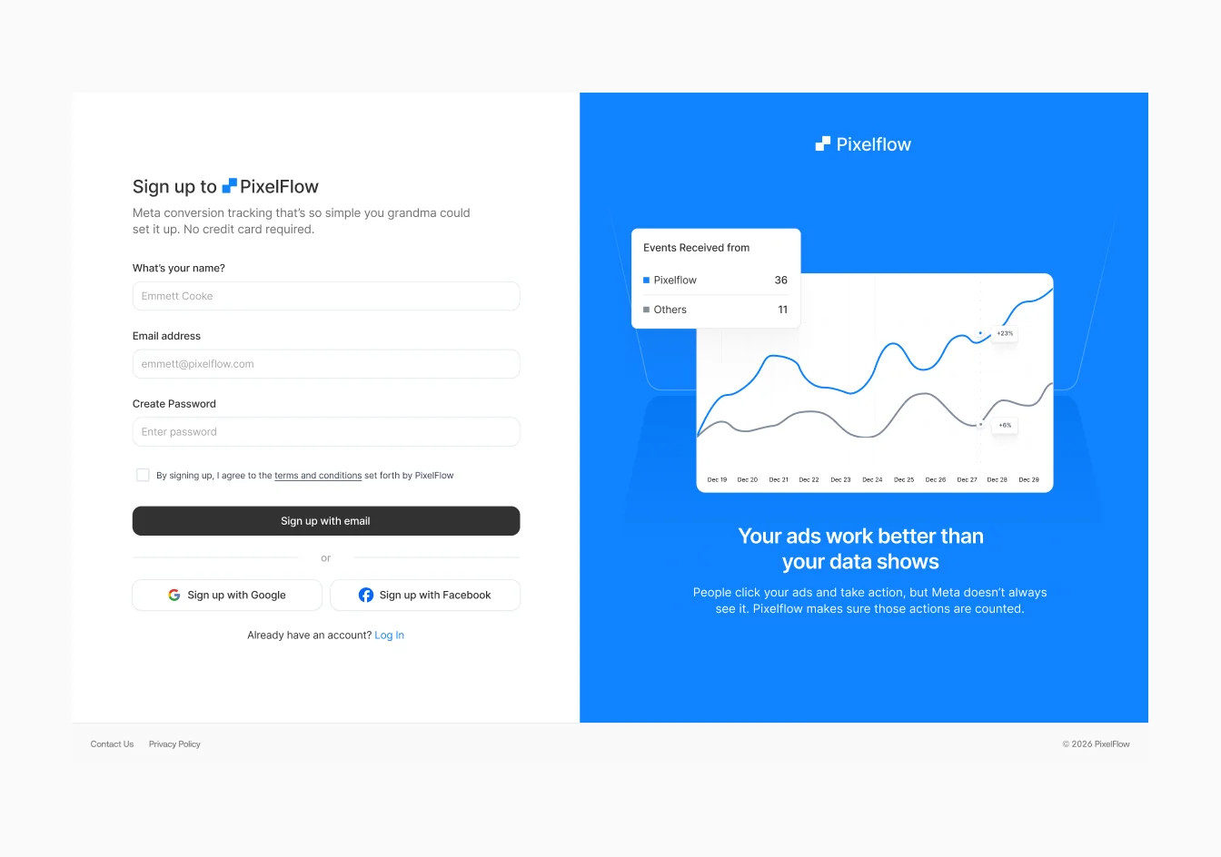 PixelFlow sign-up and dashboard: your ads work better together