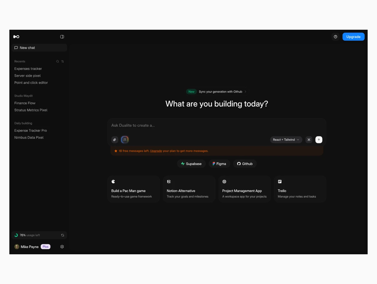 Dualite’s home screen, asking what you are building today